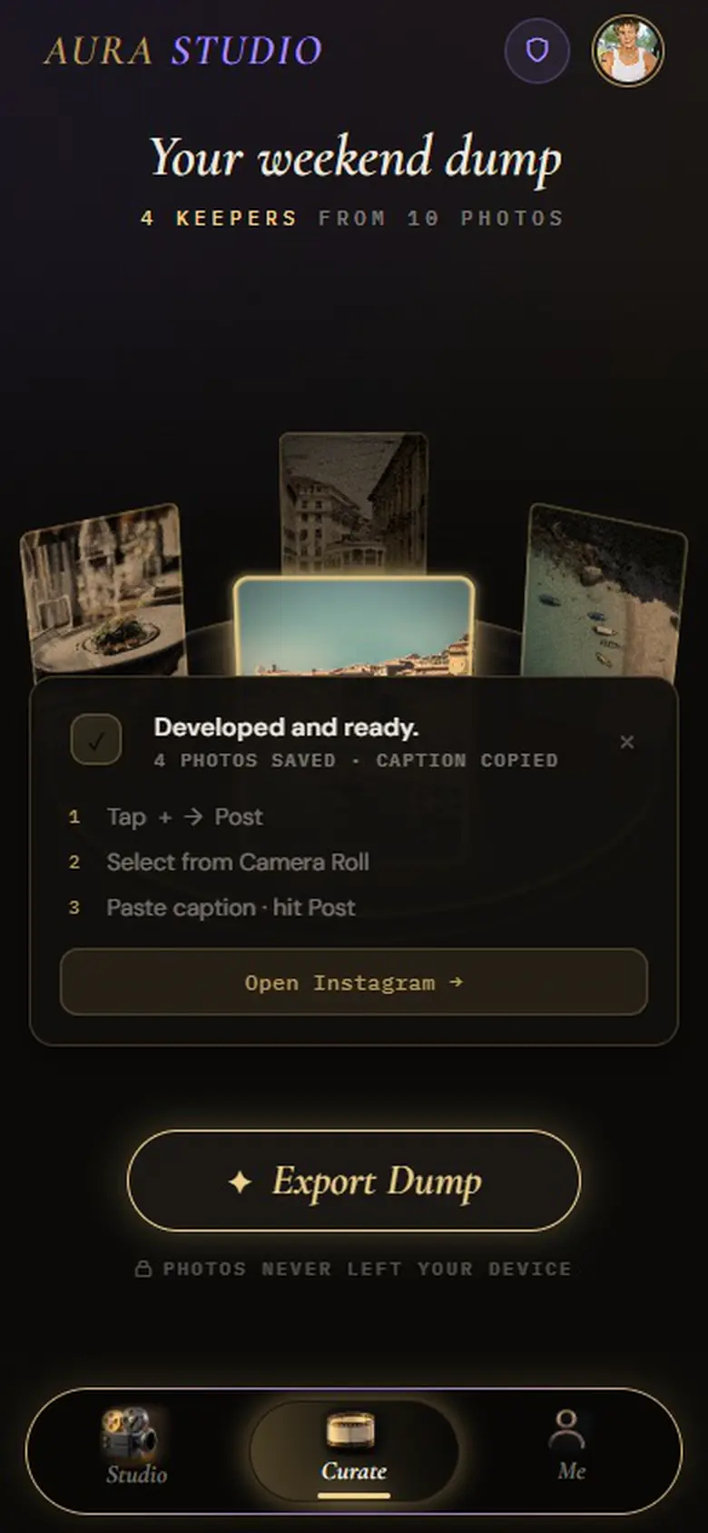 Aura’s export confirmation: “Developed and ready · 4 photos saved · caption copied”, with steps for posting on Instagram