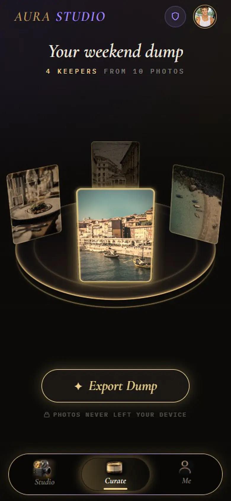 Aura’s Curate screen titled “Your weekend dump”, showing 4 keepers from 10 photos arranged on a ring, with an Export Dump button