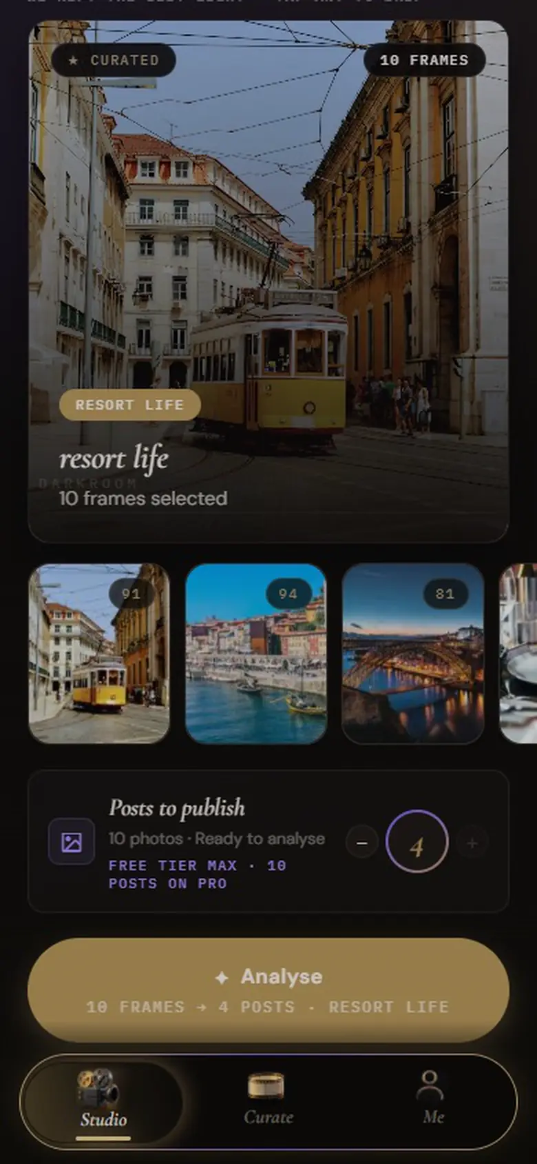 Aura’s Studio screen after a camera roll is added: photo thumbnails with scores, a posts-to-publish count of 4 and an Analyse button